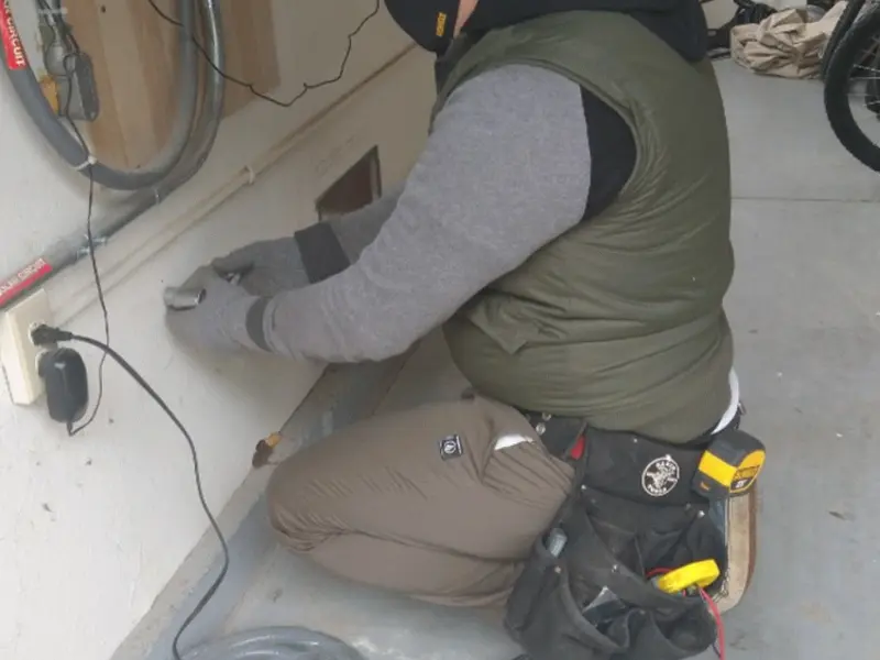 Electrician performing outlet wiring in a Downingtown garage